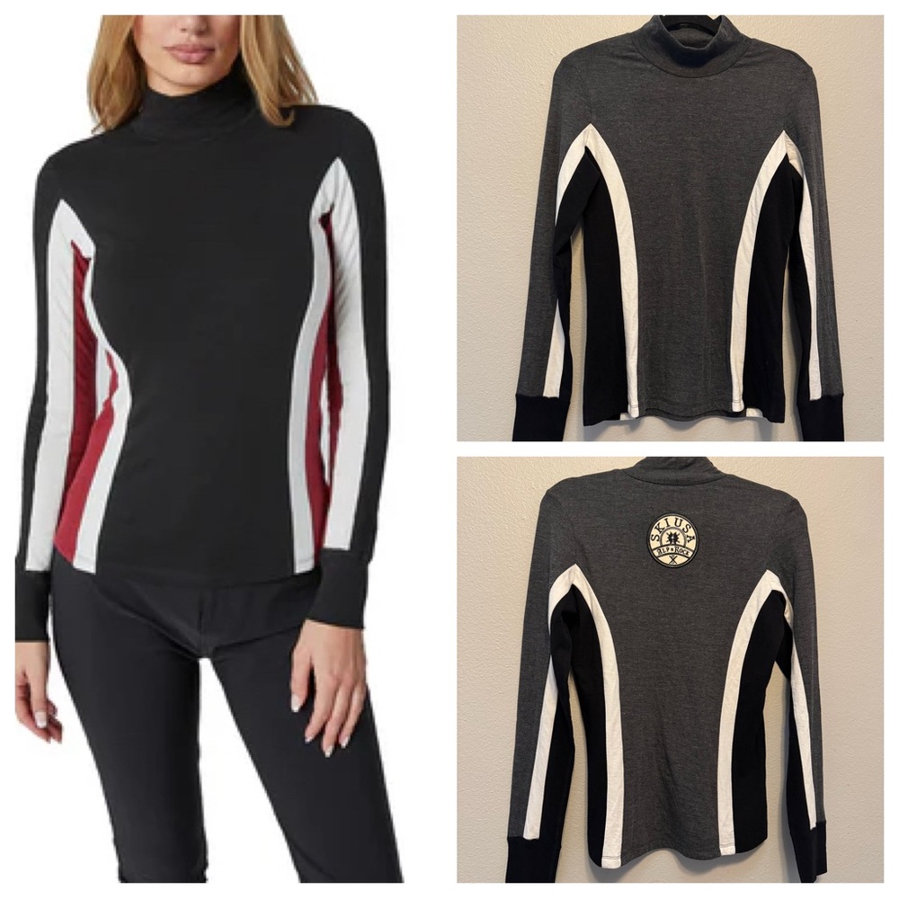 Alp n Rock mock neck embroidered Ski USA top in gray, black, and white